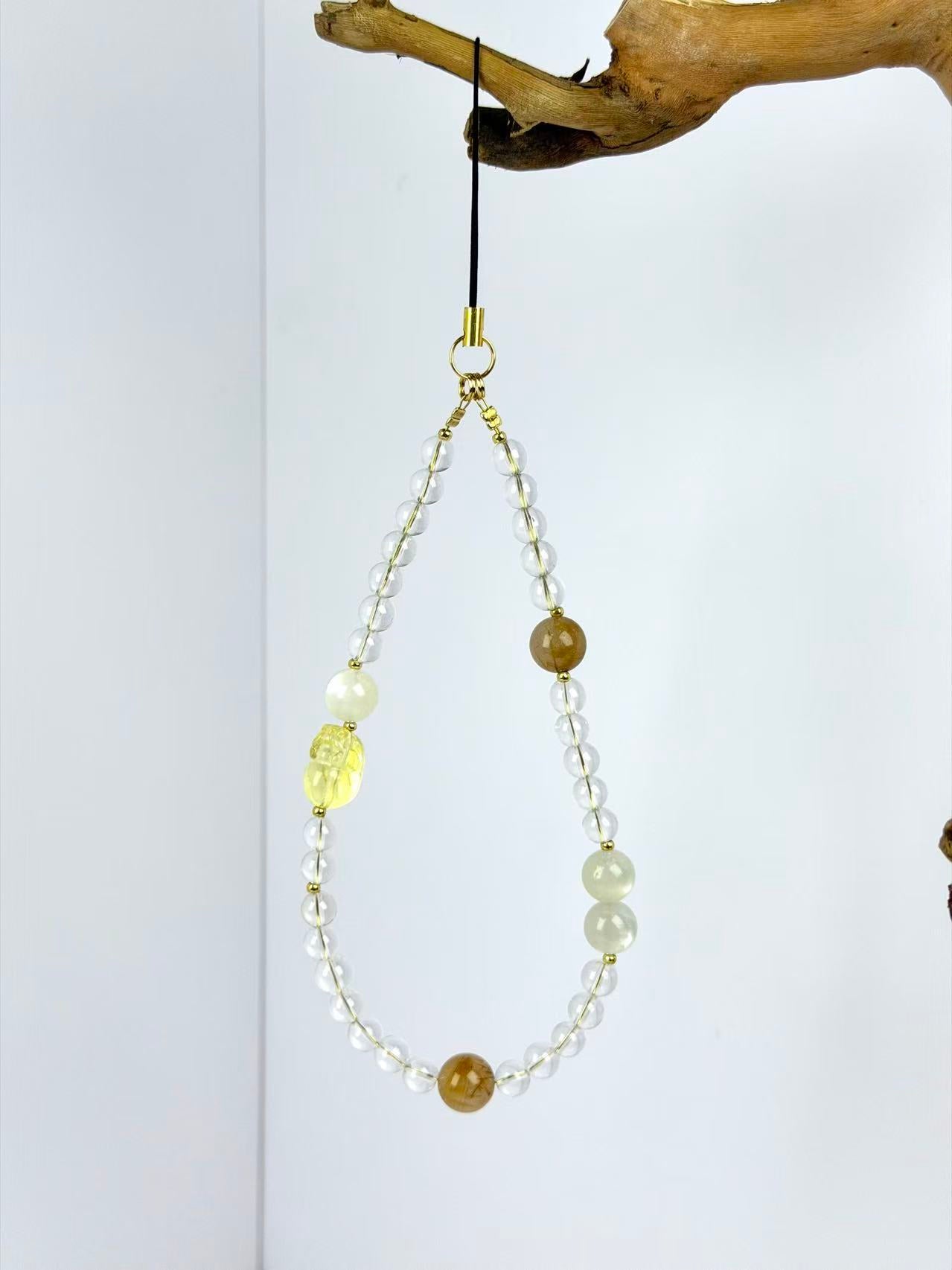 Crystal Phone Charm: Clear Quartz, Golden Rutilated & Moonstone Wristlet