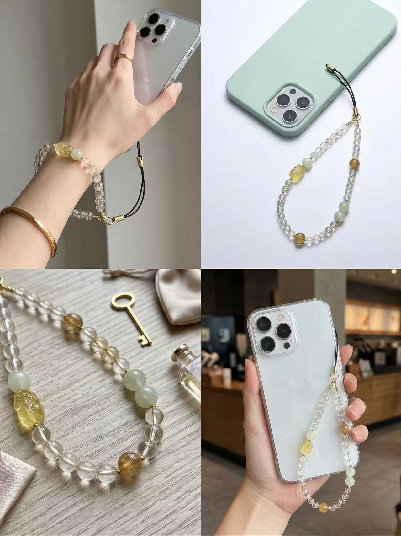 Crystal Phone Charm: Clear Quartz, Golden Rutilated & Moonstone Wristlet