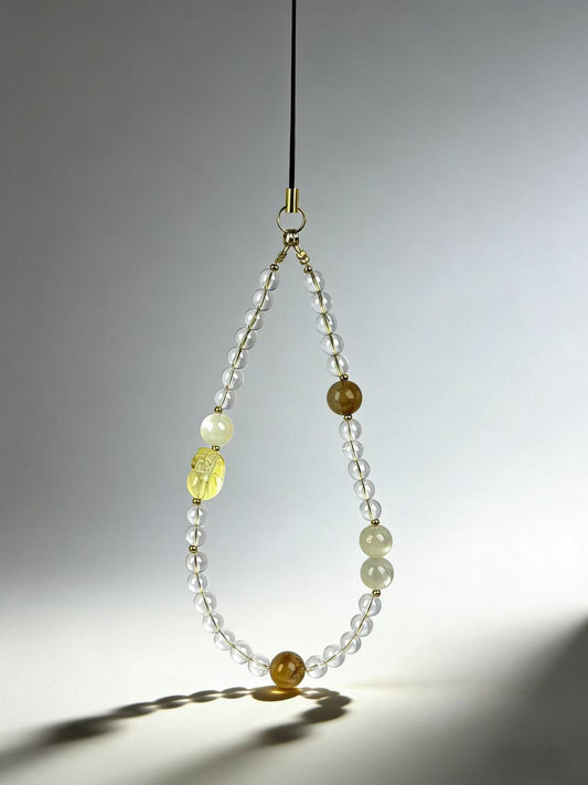 Crystal Phone Charm: Clear Quartz, Golden Rutilated & Moonstone Wristlet