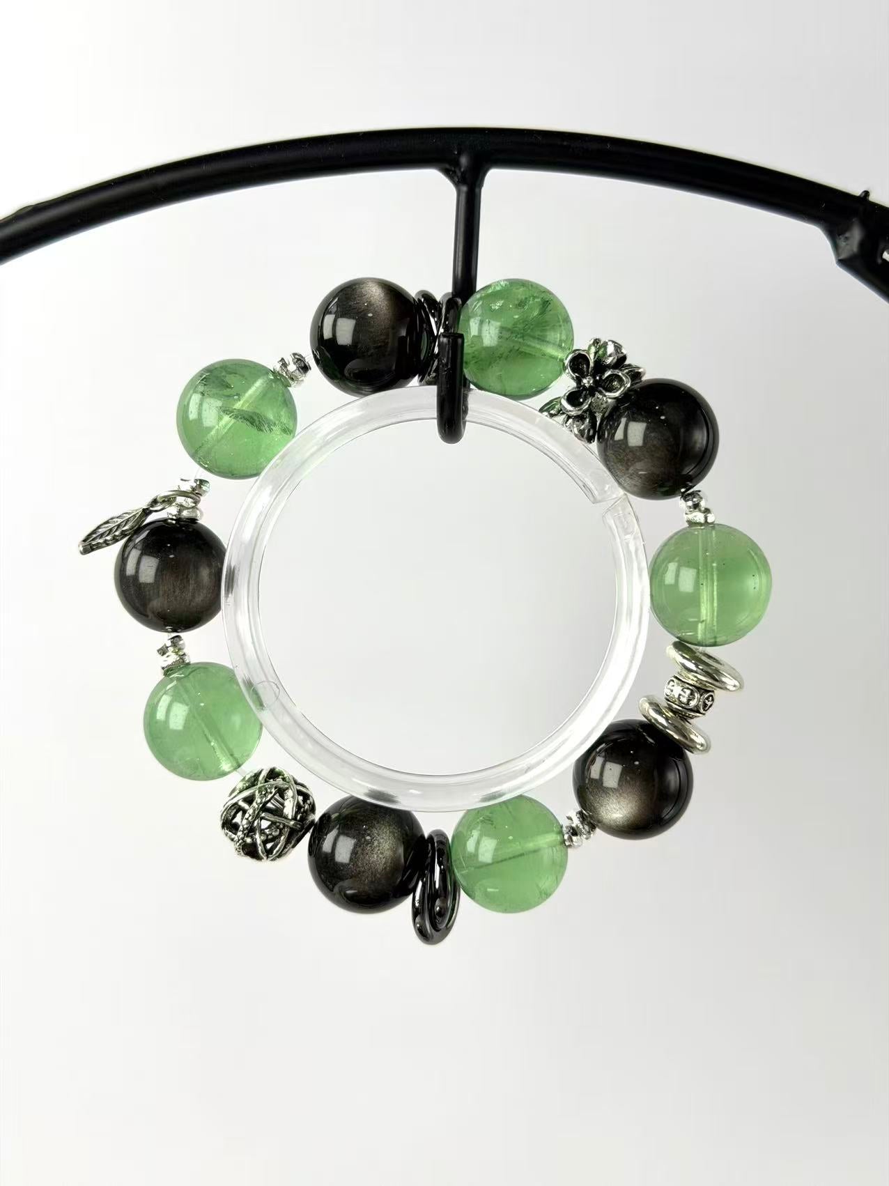 【Focus & Protect】Natural Green Fluorite & Silver Sheen Obsidian Energy Bracelet