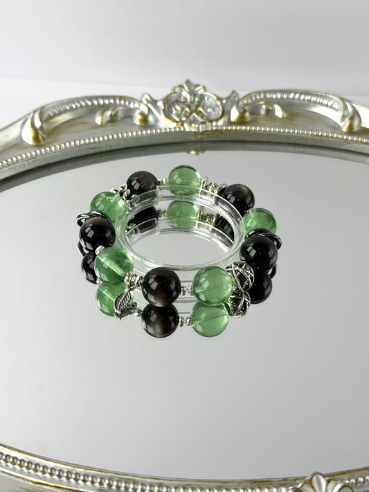 【Focus & Protect】Natural Green Fluorite & Silver Sheen Obsidian Energy Bracelet