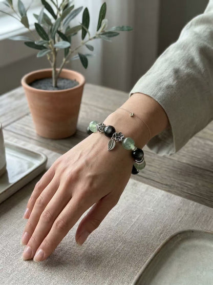 【Focus & Protect】Natural Green Fluorite & Silver Sheen Obsidian Energy Bracelet
