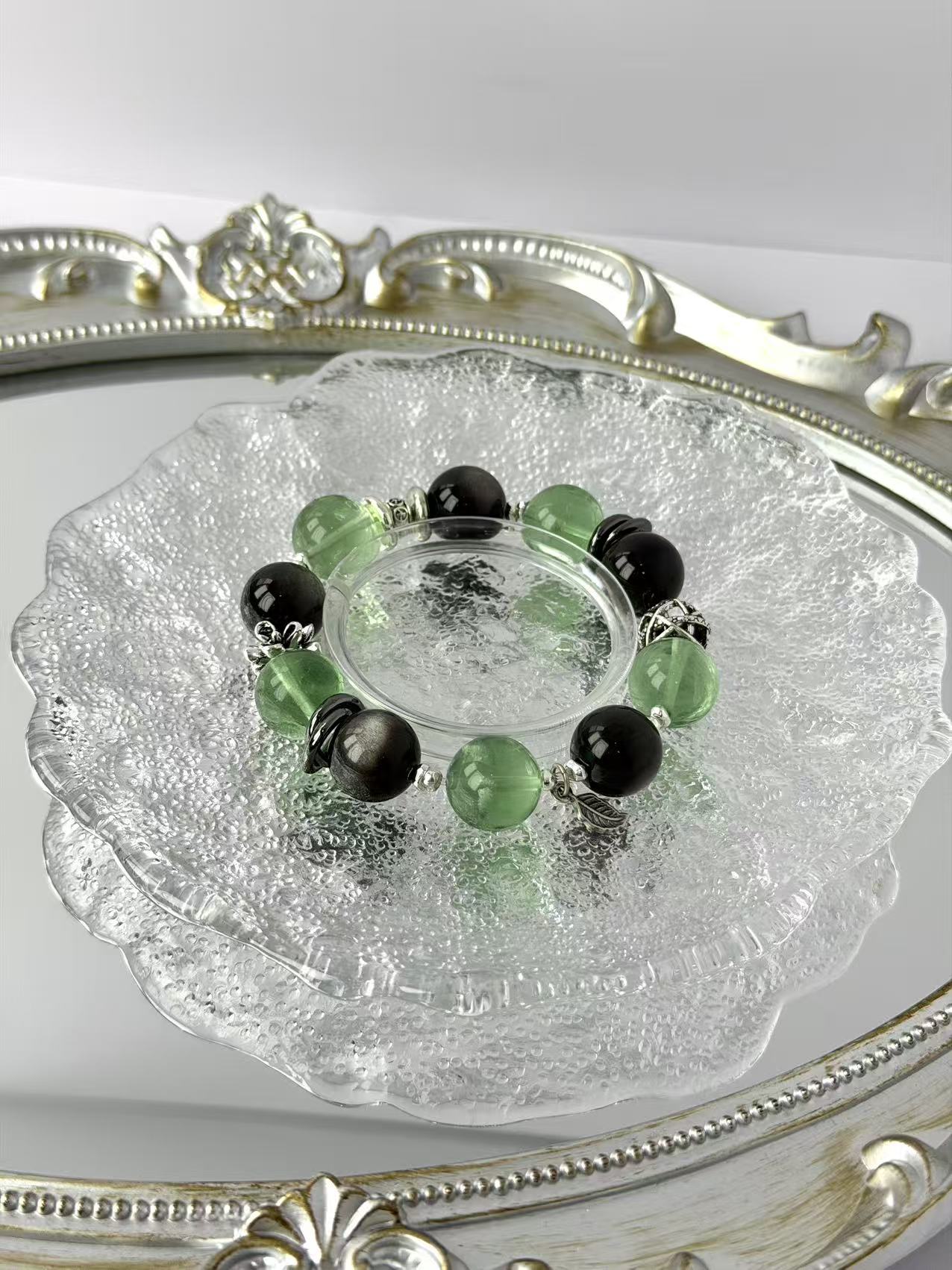 【Focus & Protect】Natural Green Fluorite & Silver Sheen Obsidian Energy Bracelet