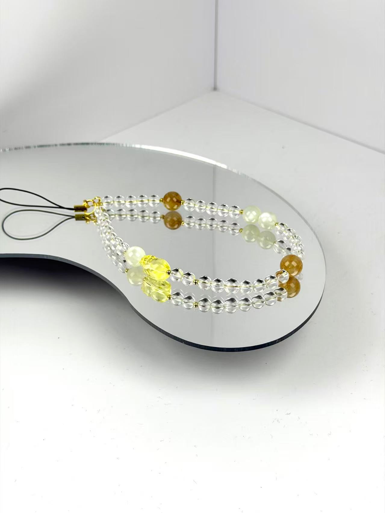 Crystal Phone Charm: Clear Quartz, Golden Rutilated & Moonstone Wristlet