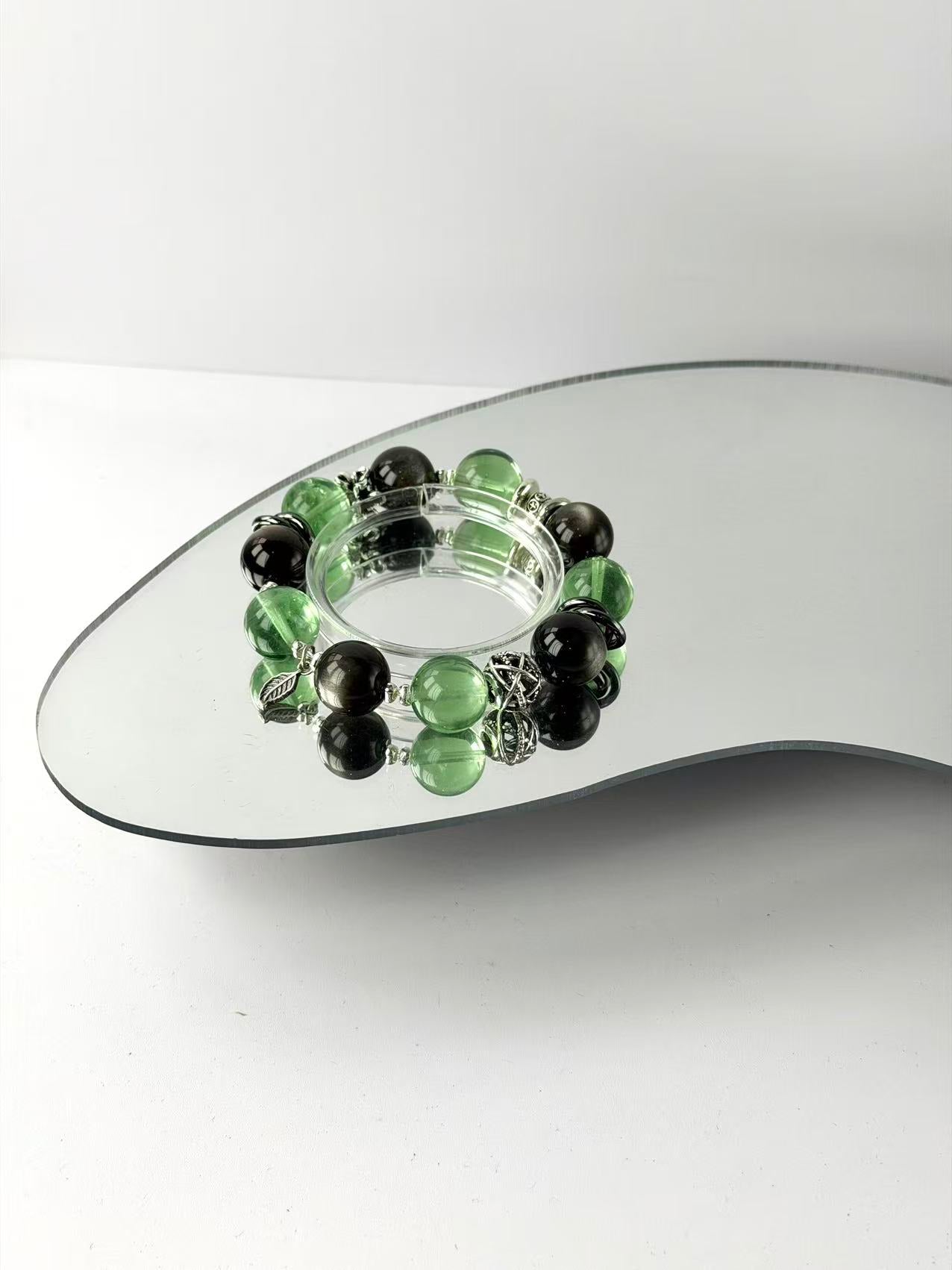 【Focus & Protect】Natural Green Fluorite & Silver Sheen Obsidian Energy Bracelet
