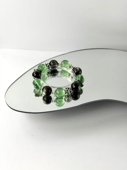 【Focus & Protect】Natural Green Fluorite & Silver Sheen Obsidian Energy Bracelet